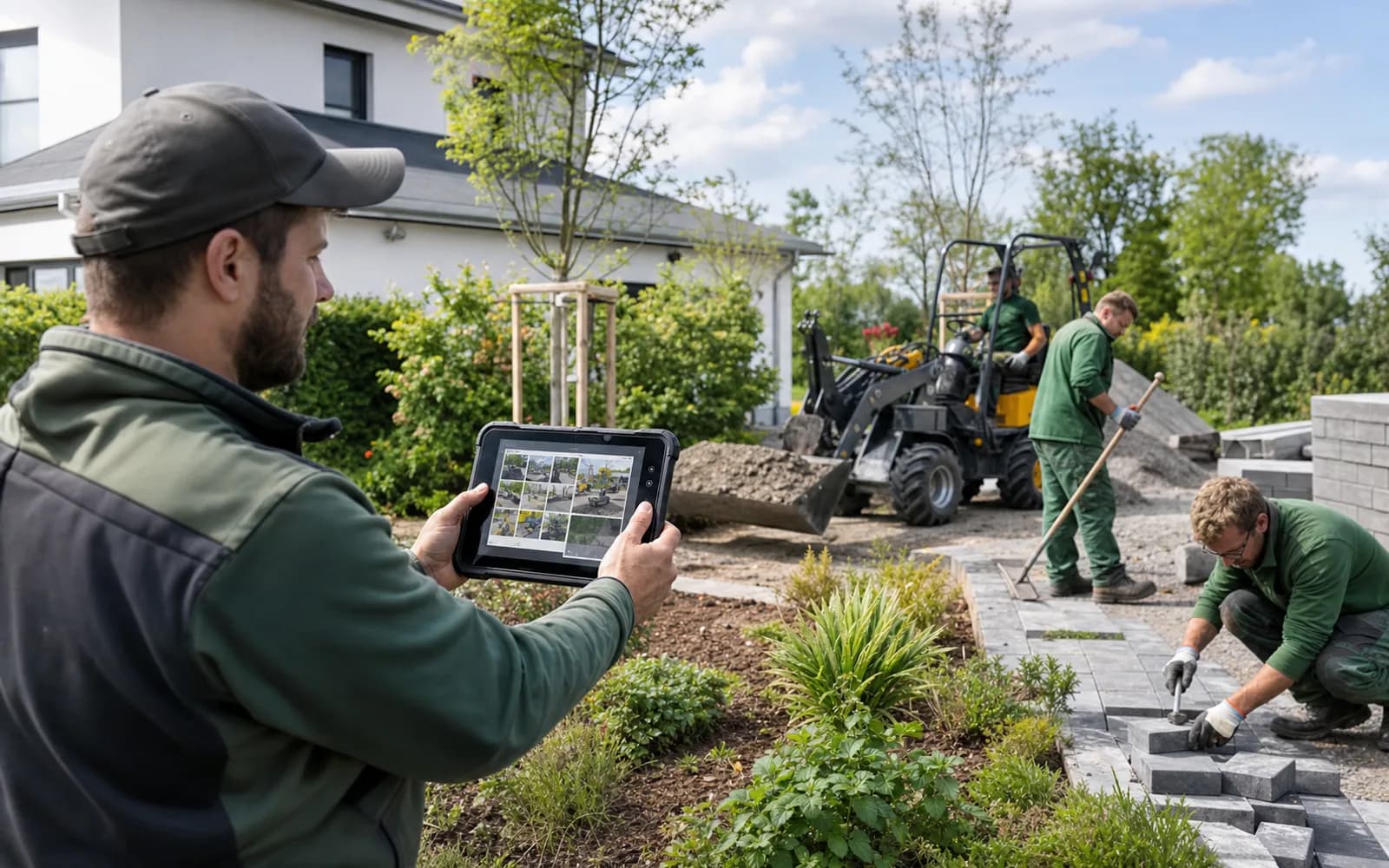 Handwerker dokumentieren einen Baustelleneinsatz und den Arbeitsfortschritt mit einem Tablet.