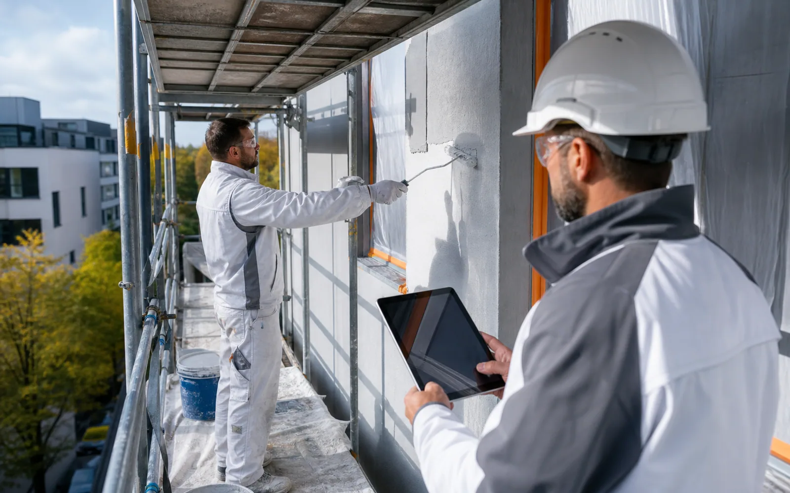 Maler arbeitet sicher an einer Fassade, während der Auftrag auf einem Tablet dokumentiert wird.
