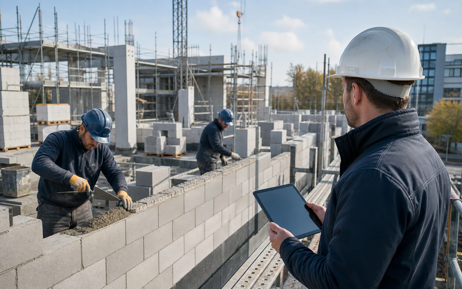 Maurer arbeiten an einem Rohbau, während der Bauleiter den Fortschritt auf einem Tablet erfasst.