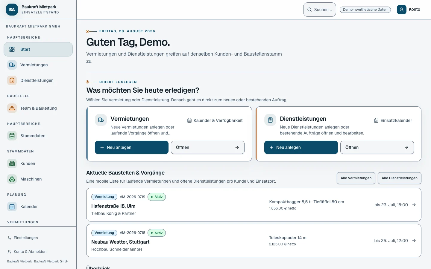 Assetriva Beispiel-Workspace mit Vermietungen und Dienstleistungen auf dem Dashboard.